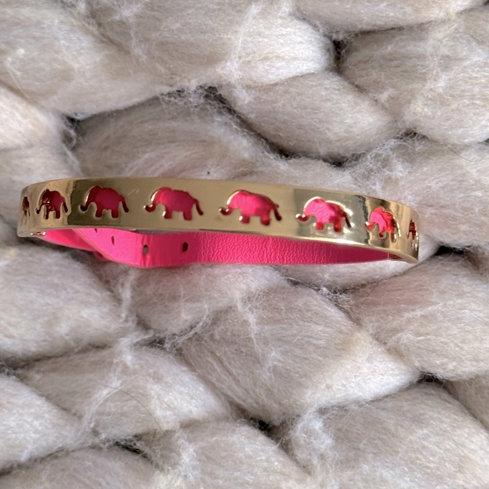 Stella & Dot “Strength” bracelet, Hot Pink Strap, Gold Tone Elephant Bar